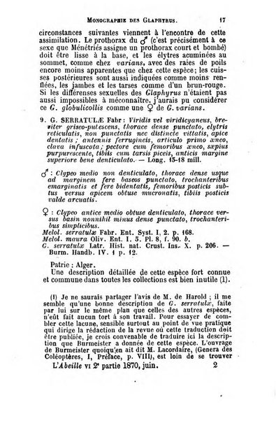 L'abeille memoires d'entomologie