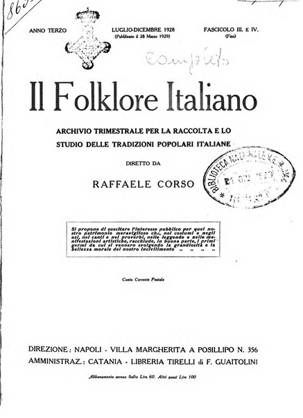 Il folklore italiano archivio per la raccolta e lo studio delle tradizioni popolari italiane