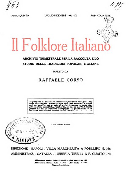 Il folklore italiano archivio per la raccolta e lo studio delle tradizioni popolari italiane