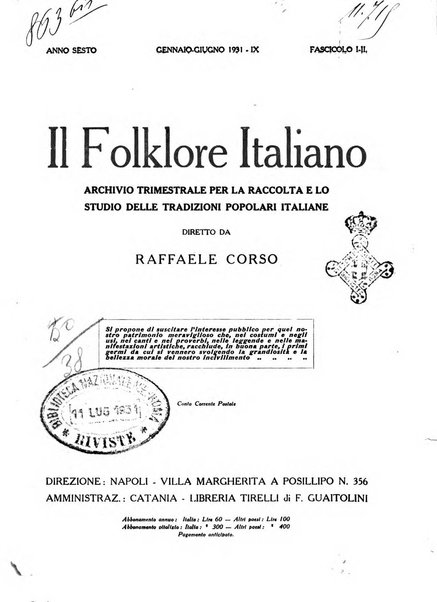 Il folklore italiano archivio per la raccolta e lo studio delle tradizioni popolari italiane