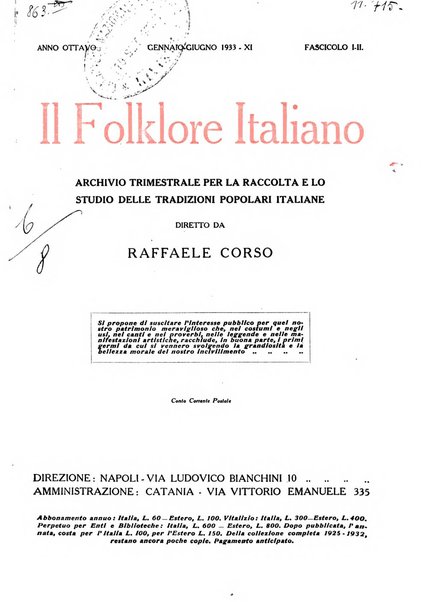 Il folklore italiano archivio per la raccolta e lo studio delle tradizioni popolari italiane