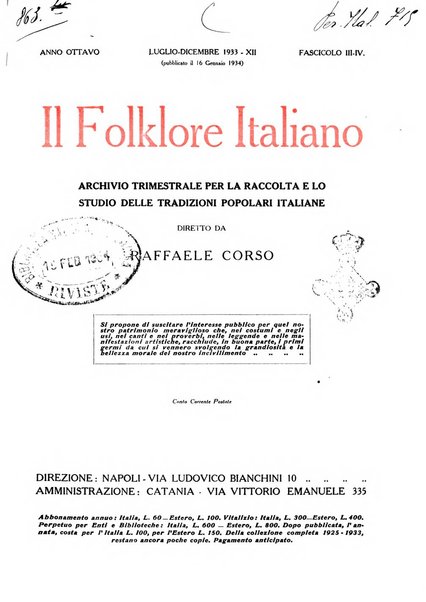 Il folklore italiano archivio per la raccolta e lo studio delle tradizioni popolari italiane