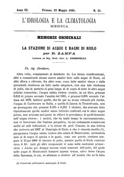 L'idrologia e la climatologia periodico bimestrale dell'Associazione medica italiana d'idrologia e climatologia