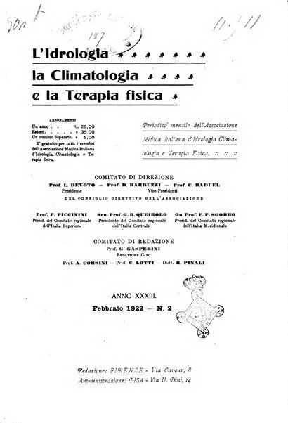 L'idrologia, la climatologia e la terapia fisica periodico mensile dell'Associazione medica italiana d'idrologia, climatologia e terapia fisica