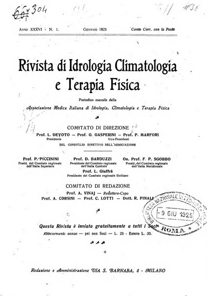 Rivista di idrologia, climatologia e terapia fisica periodico mensile dell'Associazione medica italiana di idrologia, climatologia e terapia fisica