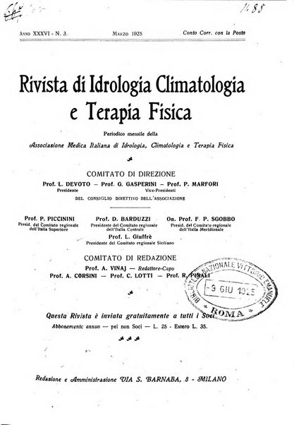 Rivista di idrologia, climatologia e terapia fisica periodico mensile dell'Associazione medica italiana di idrologia, climatologia e terapia fisica