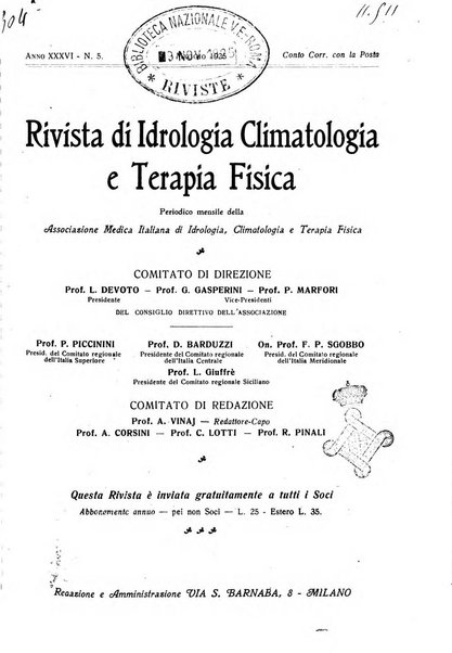 Rivista di idrologia, climatologia e terapia fisica periodico mensile dell'Associazione medica italiana di idrologia, climatologia e terapia fisica