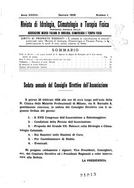 Rivista di idrologia, climatologia e terapia fisica periodico mensile dell'Associazione medica italiana di idrologia, climatologia e terapia fisica