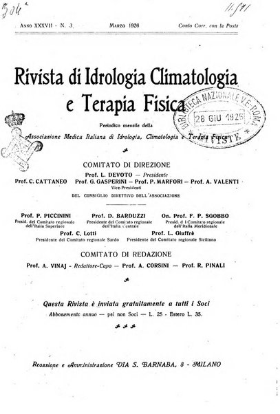 Rivista di idrologia, climatologia e terapia fisica periodico mensile dell'Associazione medica italiana di idrologia, climatologia e terapia fisica