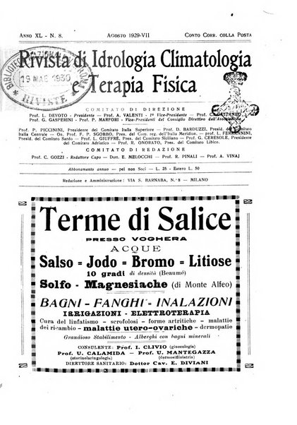 Rivista di idrologia, climatologia e terapia fisica periodico mensile dell'Associazione medica italiana di idrologia, climatologia e terapia fisica