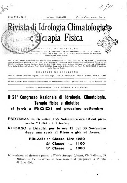 Rivista di idrologia, climatologia e terapia fisica periodico mensile dell'Associazione medica italiana di idrologia, climatologia e terapia fisica