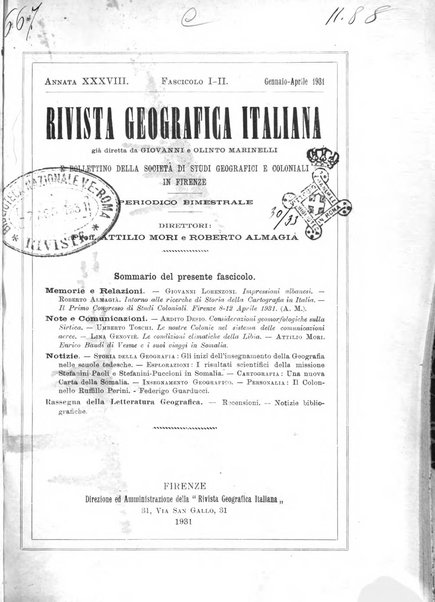 Rivista geografica italiana e Bollettino della Societa di studi geografici e coloniali in Firenze