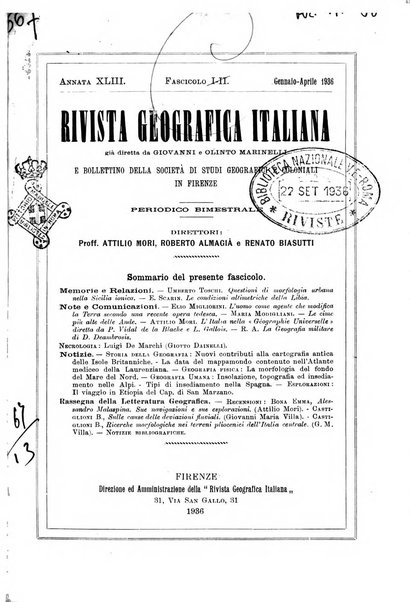 Rivista geografica italiana e Bollettino della Societa di studi geografici e coloniali in Firenze