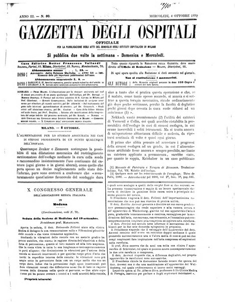 Gazzetta degli ospitali officiale per la pubblicazione degli atti del Consiglio degli Istituti ospitalieri di Milano