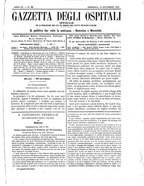 Gazzetta degli ospitali officiale per la pubblicazione degli atti del Consiglio degli Istituti ospitalieri di Milano