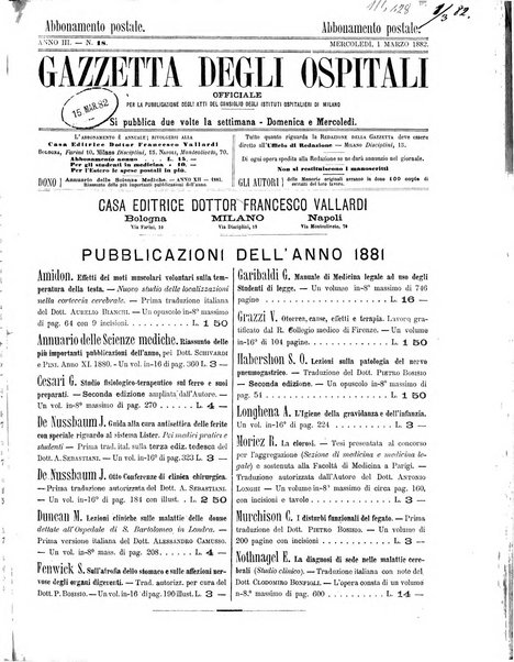 Gazzetta degli ospitali officiale per la pubblicazione degli atti del Consiglio degli Istituti ospitalieri di Milano