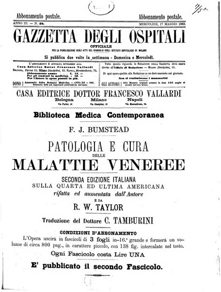 Gazzetta degli ospitali officiale per la pubblicazione degli atti del Consiglio degli Istituti ospitalieri di Milano