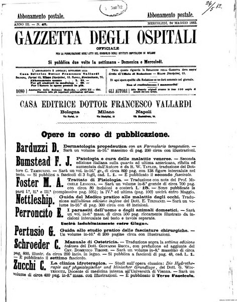 Gazzetta degli ospitali officiale per la pubblicazione degli atti del Consiglio degli Istituti ospitalieri di Milano