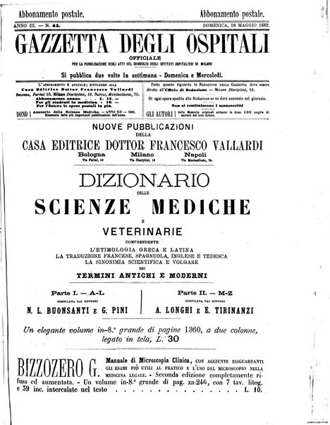 Gazzetta degli ospitali officiale per la pubblicazione degli atti del Consiglio degli Istituti ospitalieri di Milano