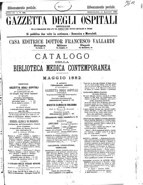 Gazzetta degli ospitali officiale per la pubblicazione degli atti del Consiglio degli Istituti ospitalieri di Milano