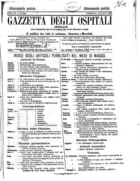 Gazzetta degli ospitali officiale per la pubblicazione degli atti del Consiglio degli Istituti ospitalieri di Milano