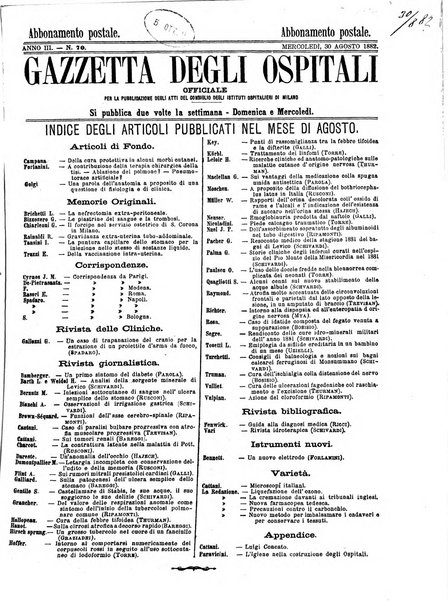 Gazzetta degli ospitali officiale per la pubblicazione degli atti del Consiglio degli Istituti ospitalieri di Milano