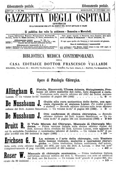 Gazzetta degli ospitali officiale per la pubblicazione degli atti del Consiglio degli Istituti ospitalieri di Milano