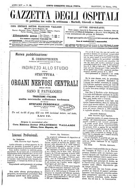 Gazzetta degli ospitali officiale per la pubblicazione degli atti del Consiglio degli Istituti ospitalieri di Milano