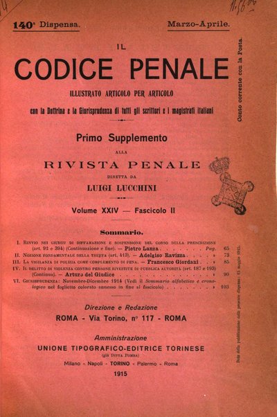 Il codice penale illustrato articolo per articolo ... primo supplemento alla Rivista Penale