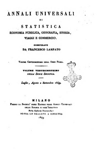 Annali universali di statistica, economia pubblica, geografia, storia, viaggi e commercio