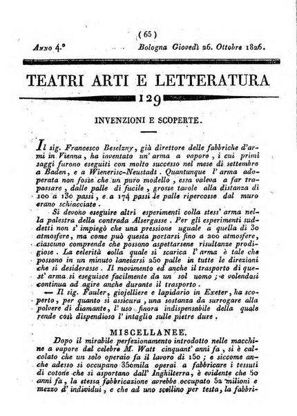 Cenni storici intorno alle lettere, invenzioni, arti, commercio e spettacoli teatrali