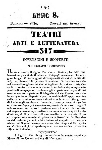 Cenni storici intorno alle lettere, invenzioni, arti, commercio e spettacoli teatrali