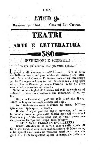 Cenni storici intorno alle lettere, invenzioni, arti, commercio e spettacoli teatrali