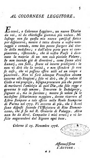 Diario di Colorno per l'anno 1777.[-1802.] nel quale trovansi segnate tutte le funzioni ecclesiastiche e tutte le indulgenze, oltre alla dichiarazione di varie cose necessarie, dilettevoli ed utili agli abitanti di Colorno a cui comodo, e uantaggio principalmente è stato composto