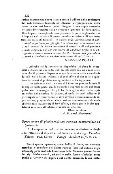 Giornale del Foro in cui si raccolgono le più importanti regiudicate dei supremi tribunali di Roma e dello Stato pontificio in materia civile