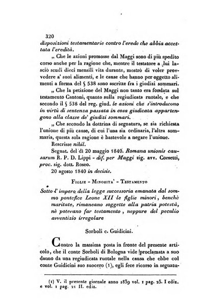 Giornale del Foro in cui si raccolgono le più importanti regiudicate dei supremi tribunali di Roma e dello Stato pontificio in materia civile