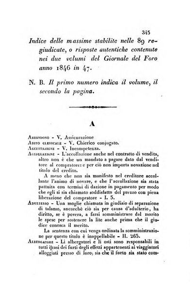 Giornale del Foro in cui si raccolgono le più importanti regiudicate dei supremi tribunali di Roma e dello Stato pontificio in materia civile