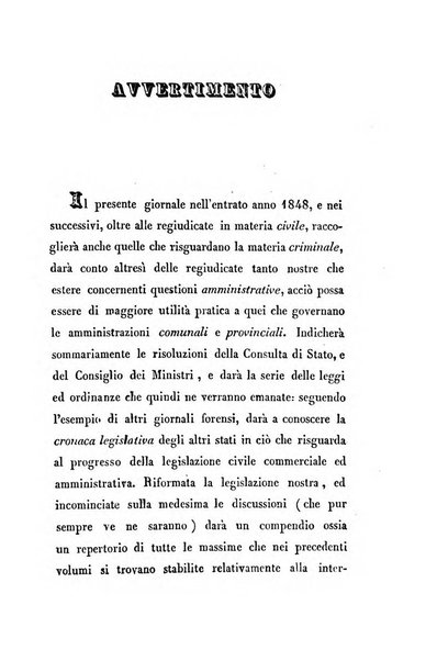 Giornale del Foro in cui si raccolgono le più importanti regiudicate dei supremi tribunali di Roma e dello Stato pontificio in materia civile