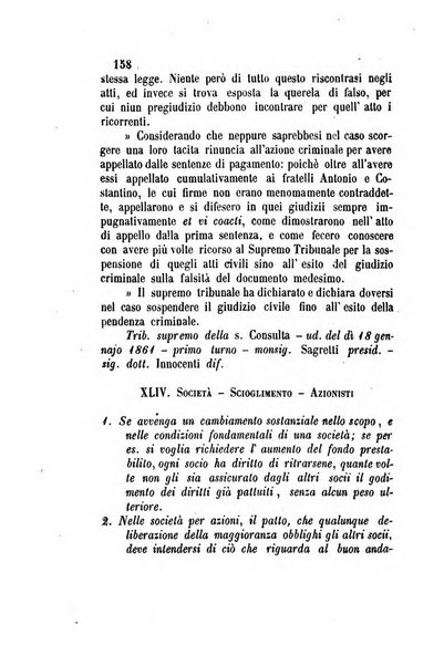 Giornale del Foro in cui si raccolgono le più importanti regiudicate dei supremi tribunali di Roma e dello Stato pontificio in materia civile