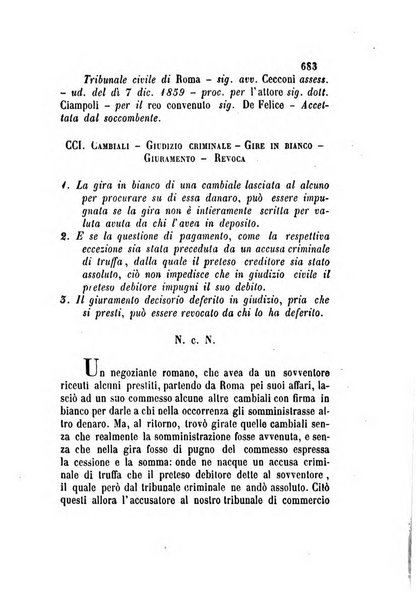 Giornale del Foro in cui si raccolgono le più importanti regiudicate dei supremi tribunali di Roma e dello Stato pontificio in materia civile