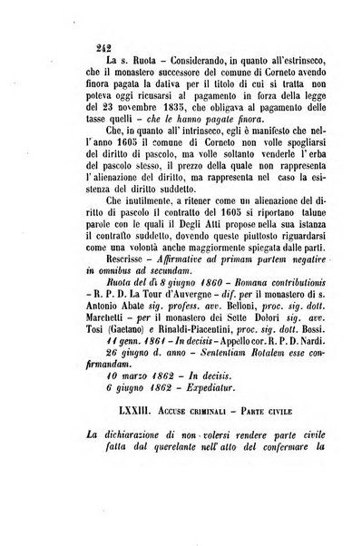 Giornale del Foro in cui si raccolgono le più importanti regiudicate dei supremi tribunali di Roma e dello Stato pontificio in materia civile