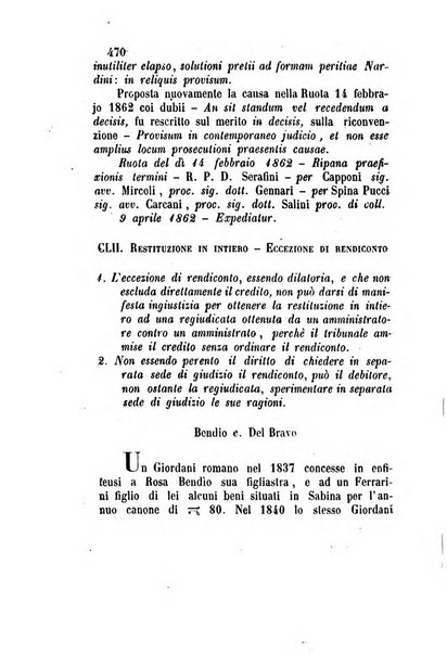 Giornale del Foro in cui si raccolgono le più importanti regiudicate dei supremi tribunali di Roma e dello Stato pontificio in materia civile