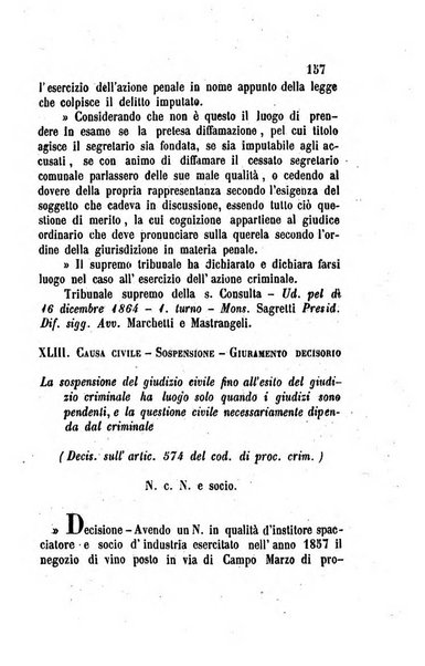 Giornale del Foro in cui si raccolgono le più importanti regiudicate dei supremi tribunali di Roma e dello Stato pontificio in materia civile