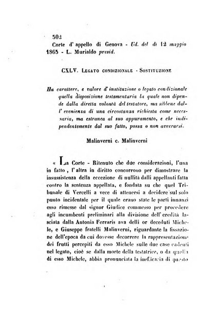 Giornale del Foro in cui si raccolgono le più importanti regiudicate dei supremi tribunali di Roma e dello Stato pontificio in materia civile