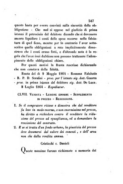 Giornale del Foro in cui si raccolgono le più importanti regiudicate dei supremi tribunali di Roma e dello Stato pontificio in materia civile