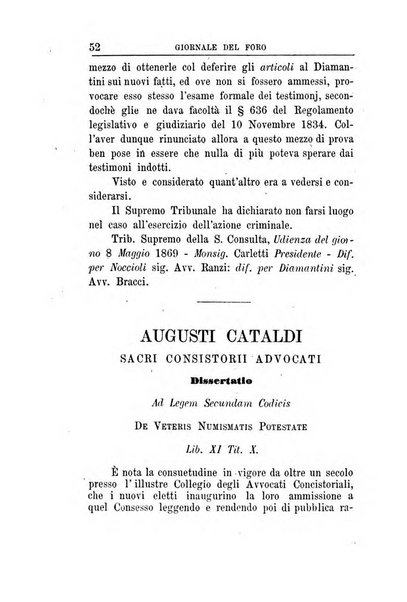 Giornale del Foro in cui si raccolgono le più importanti regiudicate dei supremi tribunali di Roma e dello Stato pontificio in materia civile