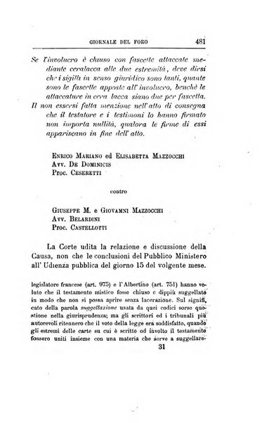 Giornale del Foro in cui si raccolgono le più importanti regiudicate dei supremi tribunali di Roma e dello Stato pontificio in materia civile