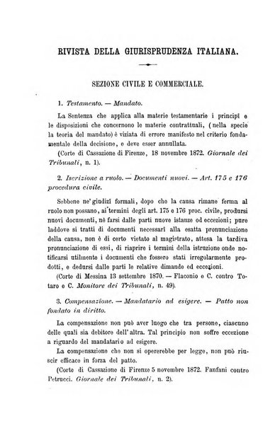 Giornale del Foro in cui si raccolgono le più importanti regiudicate dei supremi tribunali di Roma e dello Stato pontificio in materia civile