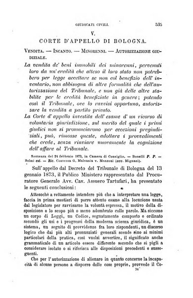 Giornale del Foro in cui si raccolgono le più importanti regiudicate dei supremi tribunali di Roma e dello Stato pontificio in materia civile