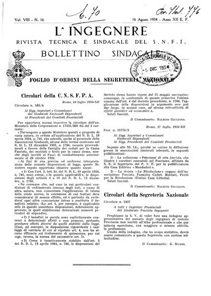 L'ingegnere rivista tecnica del Sindacato nazionale fascista ingegneri